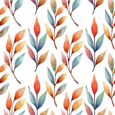 Turuncu, kırmızı ve mavi tonlarda suluboya yapraklar beyaz arkaplanda tekrarlanan bir desen oluşturur. Sonbahar temalı dekor veya kumaş için mükemmel.