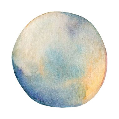 Yumuşak suluboya tonlarında yuvarlak bir şekil mavi ve turuncu karışımı gösterir. Renkler, sanatta sükunet ve yaratıcılığı gösteren sakinleştirici bir atmosfer yaratıyor..