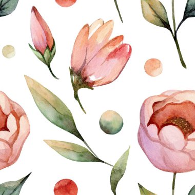 Narin bir suluboya deseni, yeşil yapraklar ve renkli daireler eşliğinde, yumuşak gölgelerde çiçek açan bir dizi çiçek sergiliyor..