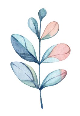 Yumuşak mavi ve pembe tonlarda zarif şekilli yapraklarla süslenmiş ince bir gövdeye sahip güzel bir suluboya görüntüsü, sakin ve sanatsal bir atmosfer yaratıyor..