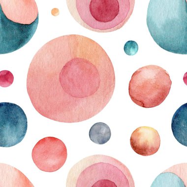 Bu canlı desen, beyaz arka planda pembe, mavi ve turuncu tonlarda suluboya dairelerin bir koleksiyonunu içerir. Sanatsal projeler ve tekstil için ideal.