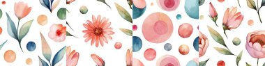 Vibrant watercolor patterns showcase a variety of flowers and colorful shapes against a white backdrop. Ideal for design projects, crafts, and artistic inspiration. clipart