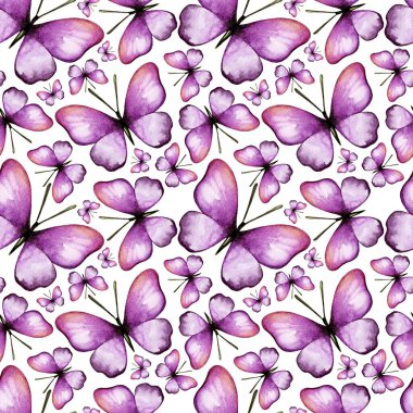 Renkli bir tasarım çeşitli mor kelebekleri uçarken sergiliyor, narin küçük çiçeklerle karışmış, canlı ve neşeli bir atmosfer yaratıyor..