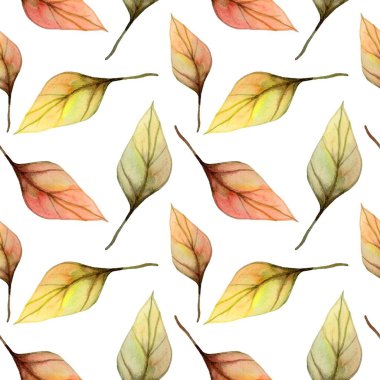 Bir suluboya deseni, beyaz zemin üzerine serilmiş sarı, turuncu ve yeşil tonlarda çeşitli sonbahar yapraklarını içerir ve tasarım için taze ve doğal bir estetik yaratır..