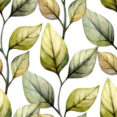 Yeşil ve bej tonlarında suluboya yapraklar, doğadan esinlenilmiş tasarımlar ve yaratıcı projelerde kullanılmak için ideal güzel bir desen oluşturur..