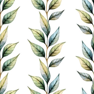 Beyaz arka planda dikey dizilmiş yeşil ve krem yapraklardan oluşan güzel bir sıra. Bu tasarım çeşitli dekor stilleri için uygun sakin ve doğal bir estetik sunar..