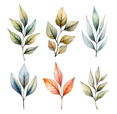 Farklı şekil ve renklerde suluboya yaprakların bir koleksiyonu, ustalıkla düzenlenmiş. Işık gölgeleri sanatsal ifade yoluyla doğanın güzelliğini vurgular..