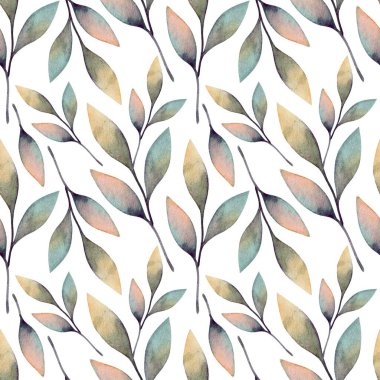 Kusursuz bir desen, yeşil, şeftali ve mavinin yumuşak tonlarında narin yapraklara sahiptir. Tasarım çeşitli dekor projeleri için uygun doğal bir estetik sergiler.