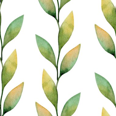 Bu desen, parlak beyaz bir arkaplanda dikey olarak sıralanmış yeşil ve sarı farklı tonlarda karışık boyanmış yaprakları içerir. Yaratıcı projeler için ideal.