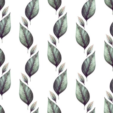 Bu sanatsal tasarım, beyaz bir arkaplan üzerinde çeşitli yeşil yaprakların tekerrür eden bir modelini sergiler, tekstil ve duvar kağıtları için mükemmel yeni ve doğal bir görünüm yaratır..
