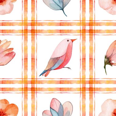 Kusursuz suluboya tasarımı, turuncu ekose çizgili, yumuşak ve narin bir sanat gösterisi hazırlayan bir deseni olan bir kuş ve çiçek elementlerini sunar..