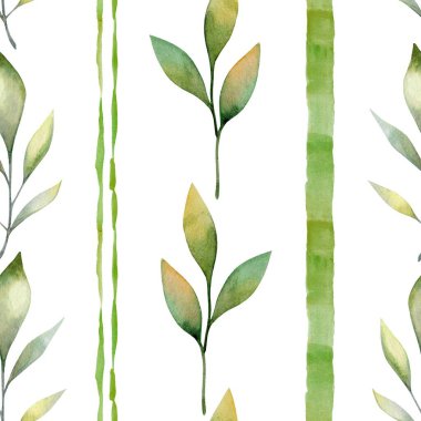 Yeşil yapraklar ve ince çizgiler suluboya bir tarzda boyanır. Bu kusursuz bir desen. Resim tekerrür ediyor..