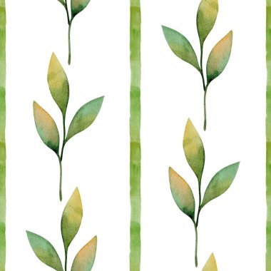 Bu dikey yeşil çizgili ve suluboya yapraklı bir desen. Yapraklar yeşil ve sarı uçlu. Genel hissi hafif ve doğaldır..