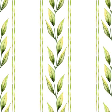 Bu tasarım, temiz beyaz arkaplan üzerinde tekrarlanan yeşil yapraklı dalları içerir..