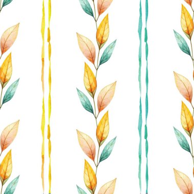 Sarı, turuncu ve yeşil tonlarda suluboya yapraklar dikey çizgili desenler halinde dizilmiştir. Ev dekorasyonu, tekstil veya kırtasiye ürünleri için mükemmeldir..