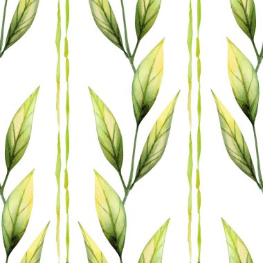 Canlı bir tasarım, beyaz bir arkaplana karşı tekrarlanan zarif yeşil yaprakları içerir. Sanat eseri doğanın özünü yakalıyor ve iç mekanlara yeni bir dokunuş ekliyor..