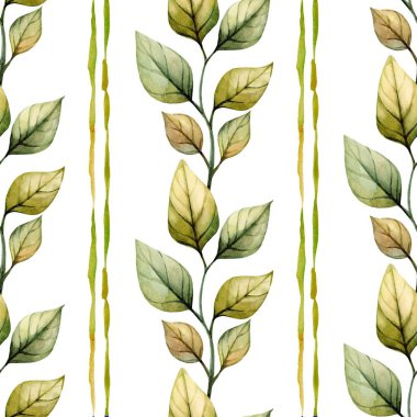 Bu hassas desen, yeşil ve bej tonlarında yumuşak suluboya yaprakları içerir. Tasarım tekstil uygulamaları için idealdir ve her yere doğal bir dokunuş sağlar..