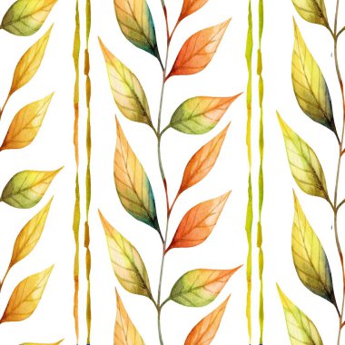 Turuncu, sarı ve yeşil tonlarında çeşitli sonbahar yapraklarının beyaz arka planda yer aldığı canlı bir desen. Bu tasarım sonbahar sezonunun özünü zarafetle yakalar..