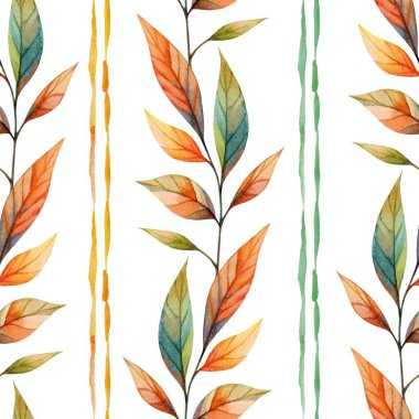 Bu sanat eserleri, beyaz arka planda dikey çizgilerle birlikte çeşitli tonlarda renkli yaprakların hassas bir düzenini göstermektedir. Tasarım doğal, ferahlatıcı bir titreşim uyandırıyor..