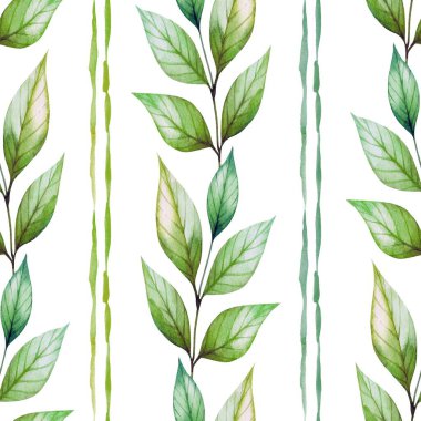 Bu sanat eserinde dikey olarak sıralanmış yeşil yaprak motifleri içeren güzel bir suluboya tasarımı sergileniyor. Çelişkili tonlar canlandırıcı ve canlı bir görünüm yaratır..