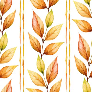 Turuncu ve sarı tonlarda renkli sonbahar yaprakları, sonbaharda mevsimsel dekorasyon ve el sanatları için mükemmel beyaz kumaş üzerinde canlı bir desen oluşturur..