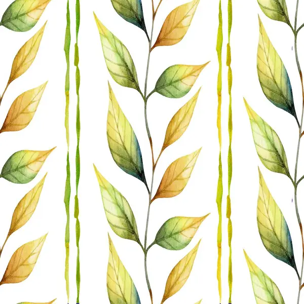 Yeşil ve altın tonlarında renkli suluboya yapraklar, tekstil veya ev dekorasyonu projeleri için uygun, temiz beyaz bir arkaplan üzerinde güzel bir desen oluşturur..
