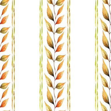 Turuncu, sarı ve yeşil tonlarda canlı sonbahar yaprakları, mevsimsel dekorasyon veya kumaş tasarımı için ideal, hafif bir arka planda dikey bir desen içinde düzenlenmiştir..