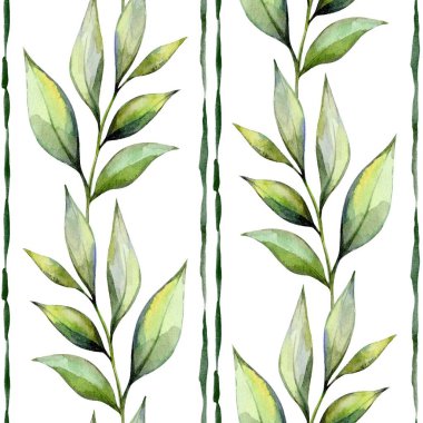 Ayrıntılı bir desen, temiz beyaz arkaplanda dikey olarak sıralanmış zarif yeşil yapraklar sergiliyor. Bu tasarım, çeşitli yaratıcı projeler için mükemmel, taze ve doğal bir estetiği yansıtır..