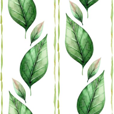 Hassas bir desen, beyaz arka planda yumuşak pembe aksanlı yemyeşil yapraklar içerir. Tekstil veya duvar sanatı için idealdir..