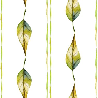 Bu karmaşık tasarım, temiz beyaz arka planda, sanatsal projeler veya iç dekorasyon için mükemmel yumuşak yeşil ve kahverengi tonlarda bir dizi suluboya yaprak içerir..