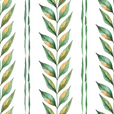 Suluboya ile boyanmış canlı yeşil yapraklar beyaz arkaplanda zarif ve taze bir desen oluşturur. Bu tasarım tekstil, duvar kâğıtları ve dekoratif sanat için mükemmeldir..