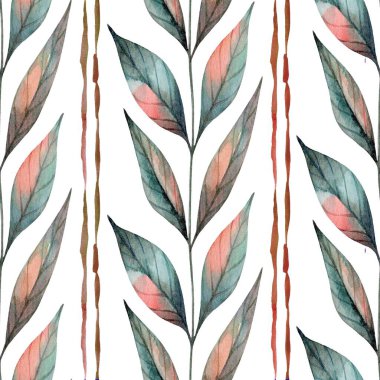 Yumuşak yeşiller, pembeler ve kahverengiler içinde suluboya yapraklar içeren güzel bir desen. Tekstil, duvar kağıtları ya da sanat baskıları için mükemmel..