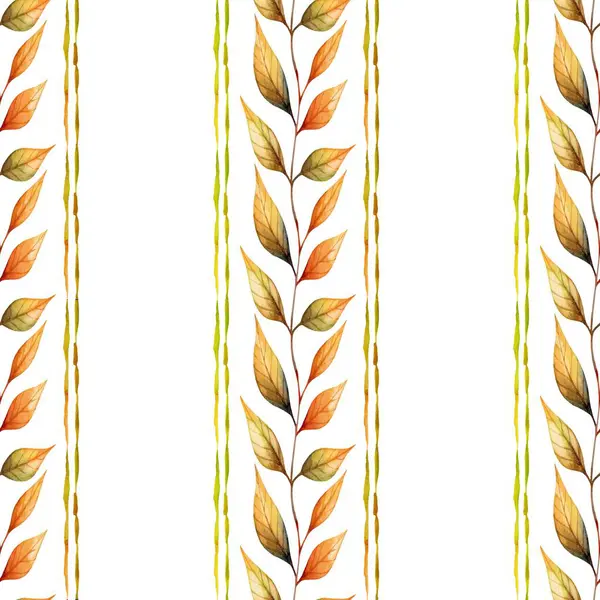 Turuncu, sarı ve yeşil tonlarda canlı sonbahar yaprakları, mevsimsel dekorasyon veya kumaş tasarımı için ideal, hafif bir arka planda dikey bir desen içinde düzenlenmiştir..