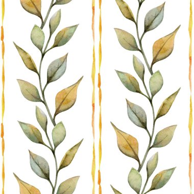Hassas suluboya yapraklar parlak beyaz bir yüzey üzerinde uyumlu bir desen oluşturur. Tasarım, ev dekoru veya moda uygulamaları için ideal yumuşak yeşil ve sessiz sarı renklere sahiptir..