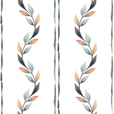 Karmaşık suluboya tasarımı, saf beyaz bir zemin üzerinde ince çizgiler arasında dikey olarak dizilmiş yeşil ve şeftalinin yumuşak tonlarında stilize edilmiş yapraklar içerir, sakin ve sanatsal bir atmosfer yaratır..