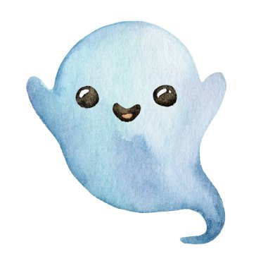 Sevimli mavi bir hayalet, neşeli bir şekilde gülümser, sevimli özellikler ve oyuncu bir tasarım sergiler. Hayaletin hafif suluboya stili, dostça görünüşünü ve tuhaf cazibesini arttırır..