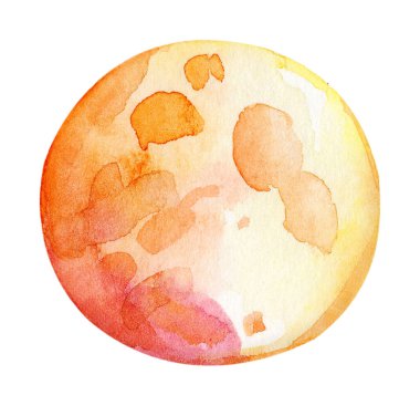 Parlak ve canlı suluboya sanat eserleri, ılık turuncu ve sarı renkli gök cisimlerini gösteriyor. Soyut tasarım sanatsal ifadeyi vurgulayarak ruhani bir atmosfer yaratıyor..