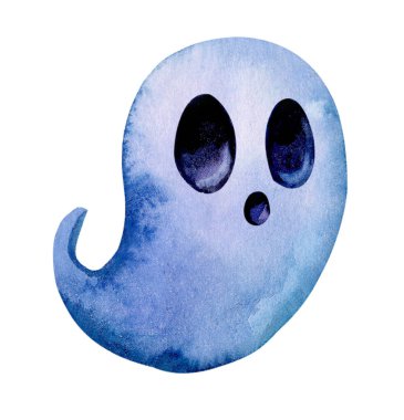 Yuvarlak gözlü kaprisli mavi bir hayalet canlı bir suluboya tarzında yüzer. Cadılar Bayramı el sanatları ve çocuk sanat projelerine eğlenceli bir dokunuş eklemek için ideal..