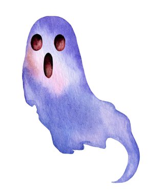 Neşeli bir hayalet illüstrasyonunda lavanta ve mavi renklerde yumuşak bir suluboya tasarımı vardır. Bu tuhaf karakterin büyük gözleri ve ağzı var. Şaşırma ya da korku hissi uyandırıyor..