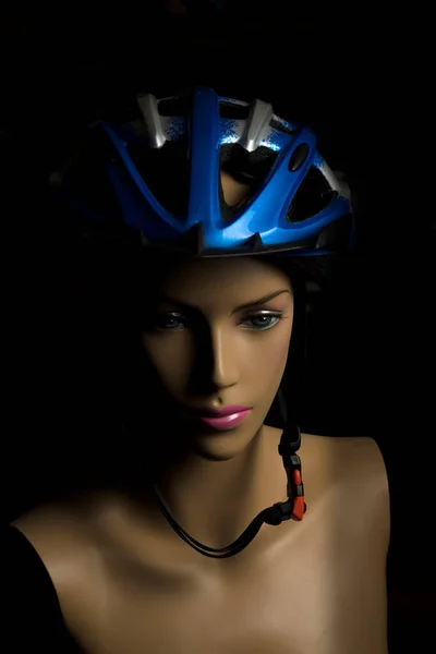 Blue Bicycle Sports Helmet Mannequin Female Face Dummy Protection — Stock Photo, Image