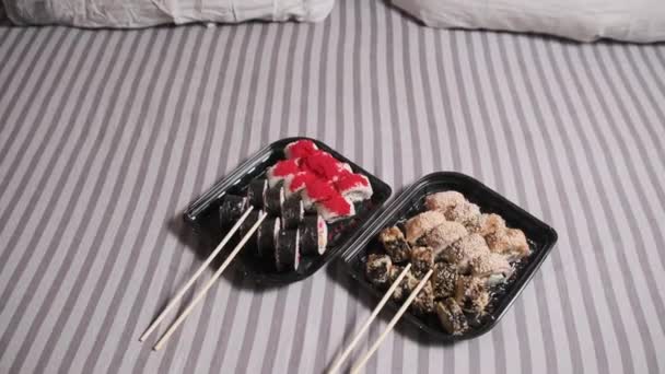 Sushi Rolls Plastic Container Lies Double Bed Romantic Evening Couple — Stock Video