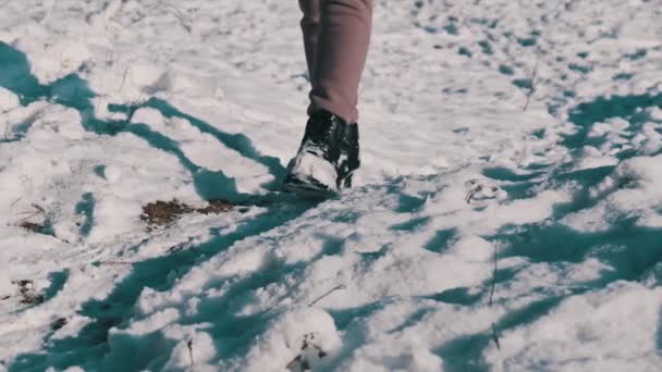 Женские Ноги Зимних Туфлях Идут Заснеженной Дорожке Зимнем Лесу Вид — стоковое видео
