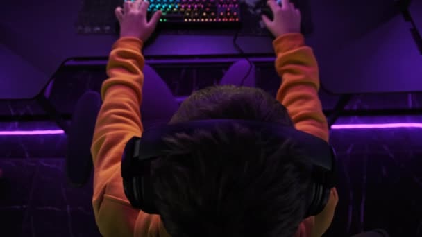 Teenager Boy Esports Club Sits Gaming Chair Front Monitor Playing — Stock Video