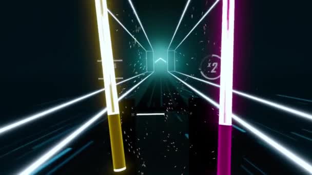 Gameplay Virtual Reality Glasses Virtual Neon Swords Hands Cut Cubes — Stockvideo