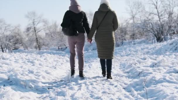 Baksidan Två Kvinnor Hand Hand Längs Snöig Väg Nära Vinterskogen — Stockvideo