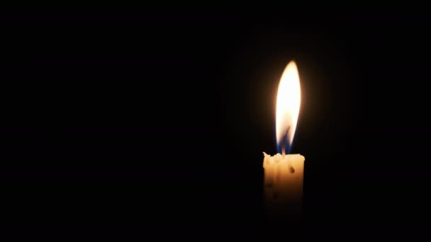 Single Candle Burns Black Background Close Yellow Flickering Flame Illuminates — Video