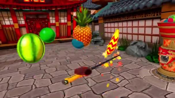 Eerste Persoon Gameplay Waarin Speler Snijdt Door Fruit Lucht Met — Stockvideo