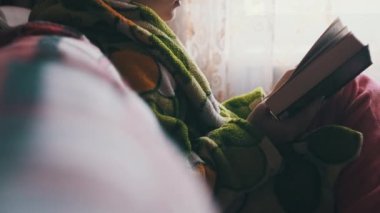 Woman is busy reading a book while sitting on a cozy sofa at home. A young woman in homely casual clothes reads in a cozy atmosphere in natural daylight from the window. Lifestyle, leisure, education
