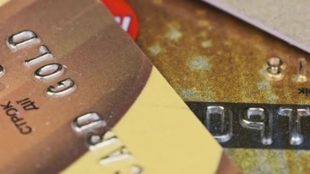 Debit Card Rotates Close Golden Credit Card Chip Numbers Plastic — Wideo stockowe