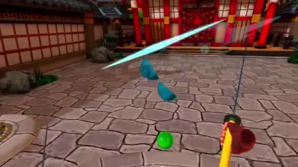プレイヤーが剣で空中で果物をスライスVr一人称のゲームプレイ セイバーストロークで3D野菜を切るハメ撮り 仮想現実のゴーグルでゲームの世界に身を浸します — ストック動画